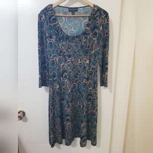 Connected Apparel Abstract Print Stretch Dress Teal Tan Size 12